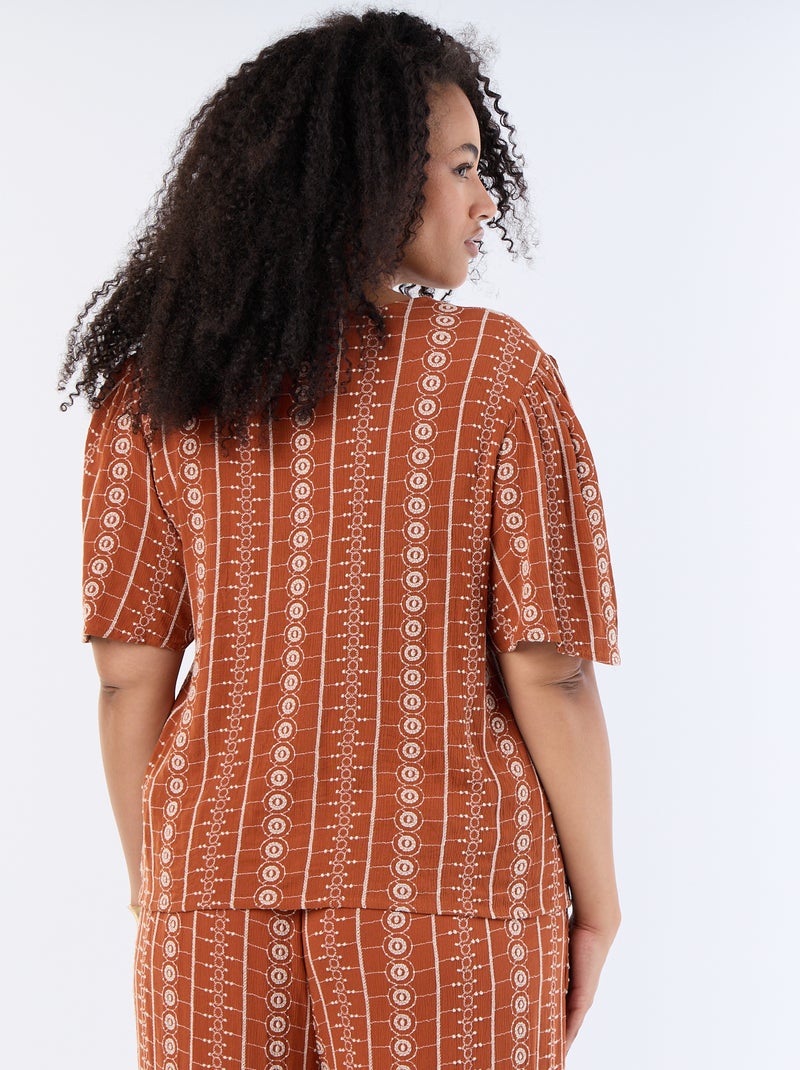 Blusa con lazos y bordados de manga corta Naranja - Kiabi