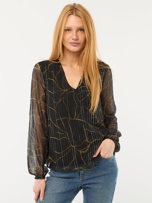 Blusa con motivo e hilos plateados en malla fluida transparente - Kiabi