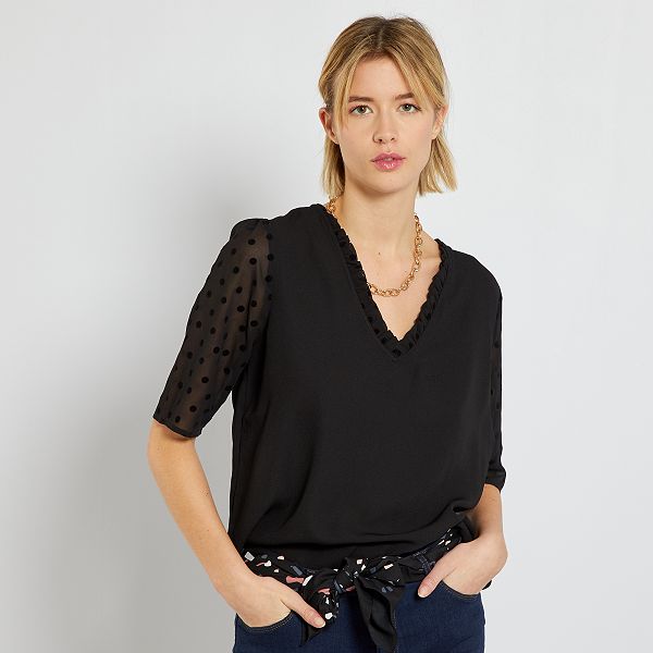 Blusa de oficina con manga con volantes para mujer, camisa de cuello  redondo con volantes, cintura alta, color rojo, talla grande / Plus tamaño  de la ropa