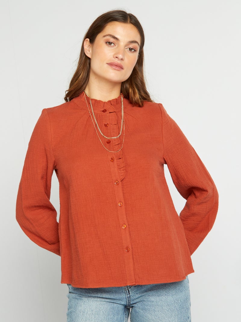 Blusa con volantes de doble gasa de algodón MARRON - Kiabi