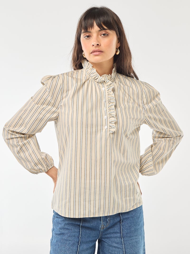 Blusa con volantes en el cuello y en la abertura Blanco - Kiabi