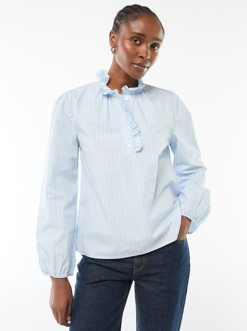 Blusa con volantes en el cuello y la abertura Azul - Kiabi