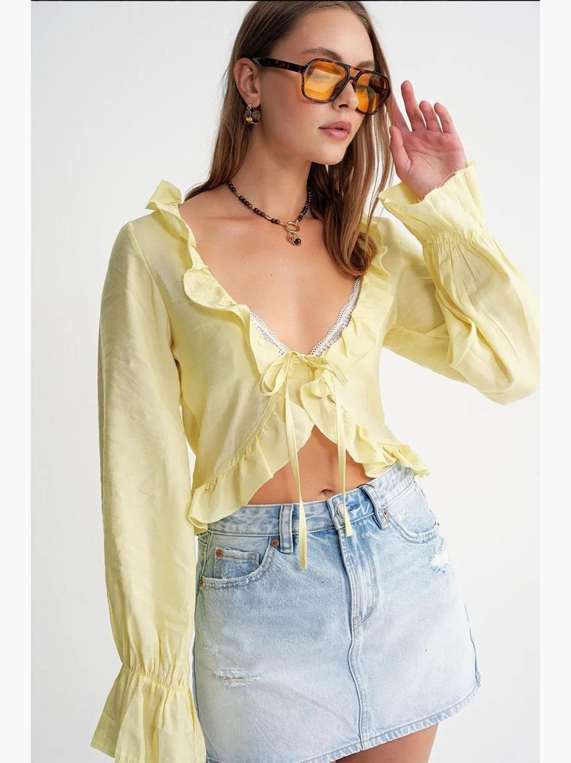 Blusa con volantes escote en v manga larga mixray Amarillo limón - Kiabi