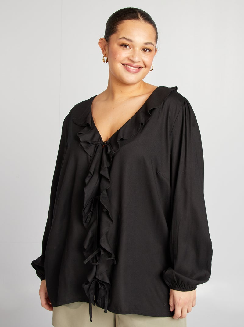 Blusa con volantes y cintas negro - Kiabi