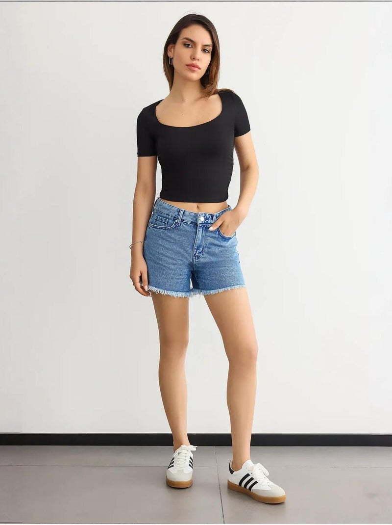 Blusa corta acanalada con cuello redondo hiccup Negro - Kiabi