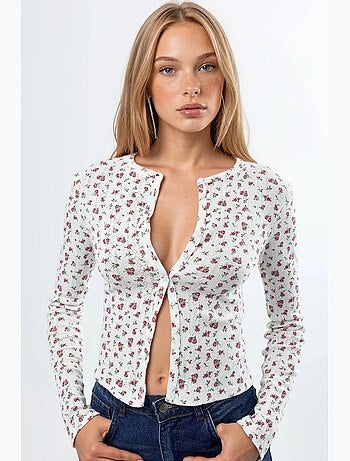 Blusa corta acanalada de flores con cierre de botones busem