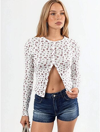 Blusa corta acanalada de flores con cierre de botones busem
