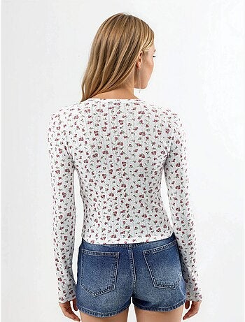 Blusa corta acanalada de flores con cierre de botones busem