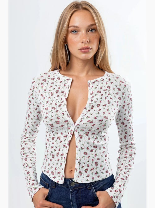 Blusa corta acanalada de flores con cierre de botones busem - Kiabi Blusa corta acanalada de flores con cierre de botones busem - Kiabi