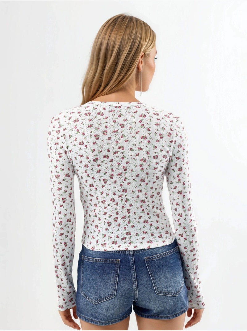 Blusa corta acanalada de flores con cierre de botones busem Blanco - Kiabi