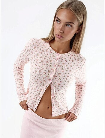 Blusa corta acanalada de flores con cierre de botones busem