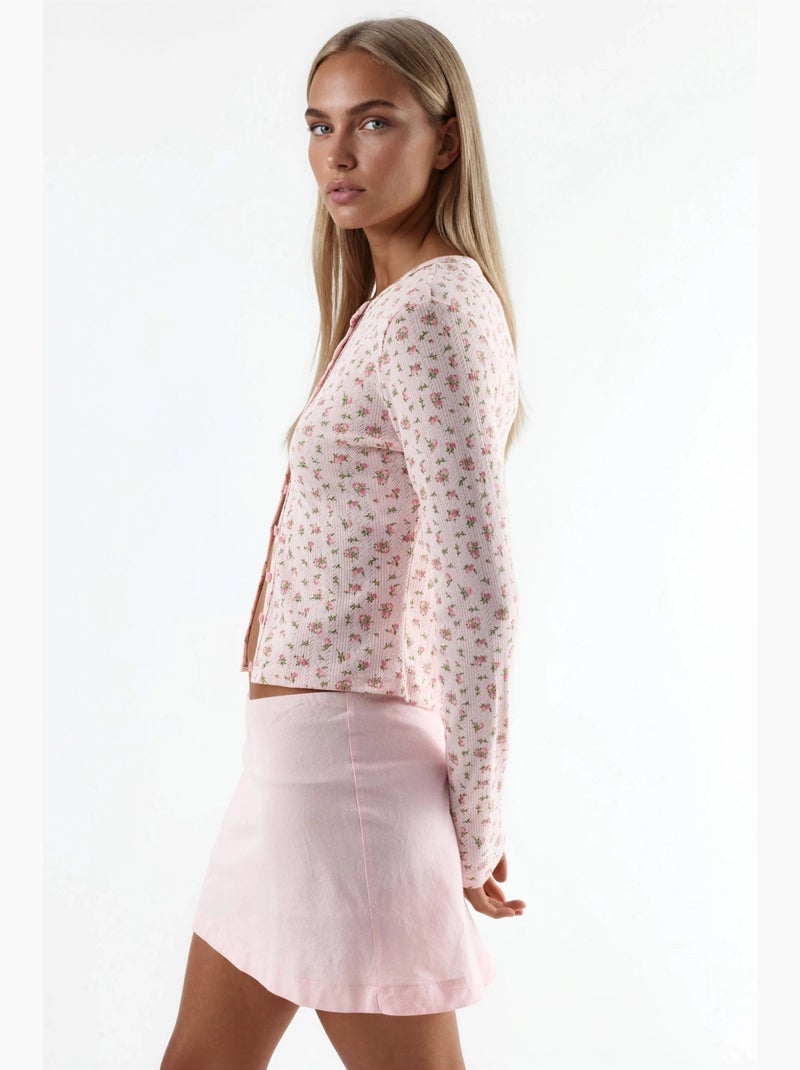 Blusa corta acanalada de flores con cierre de botones busem Rosa pálido - Kiabi