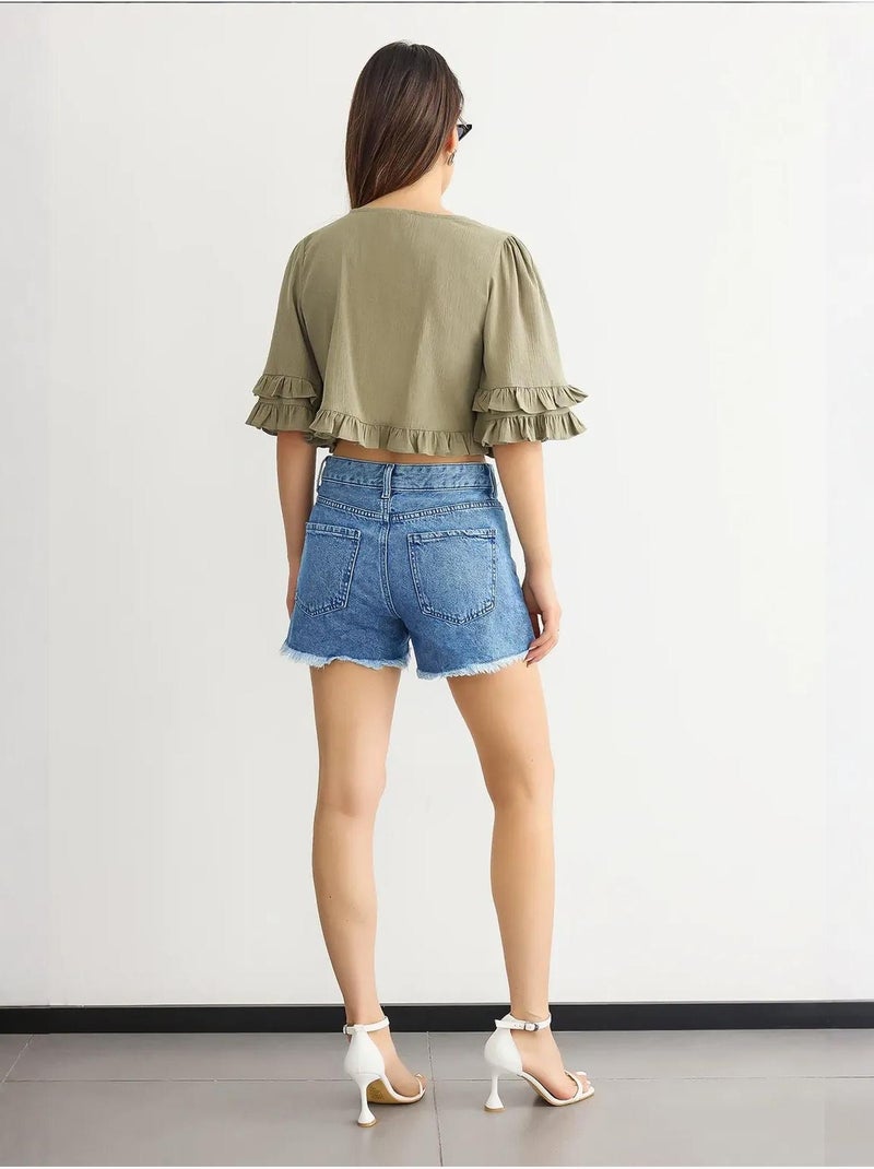 Blusa corta con cuello en v y volantes hiccup Verde - Kiabi