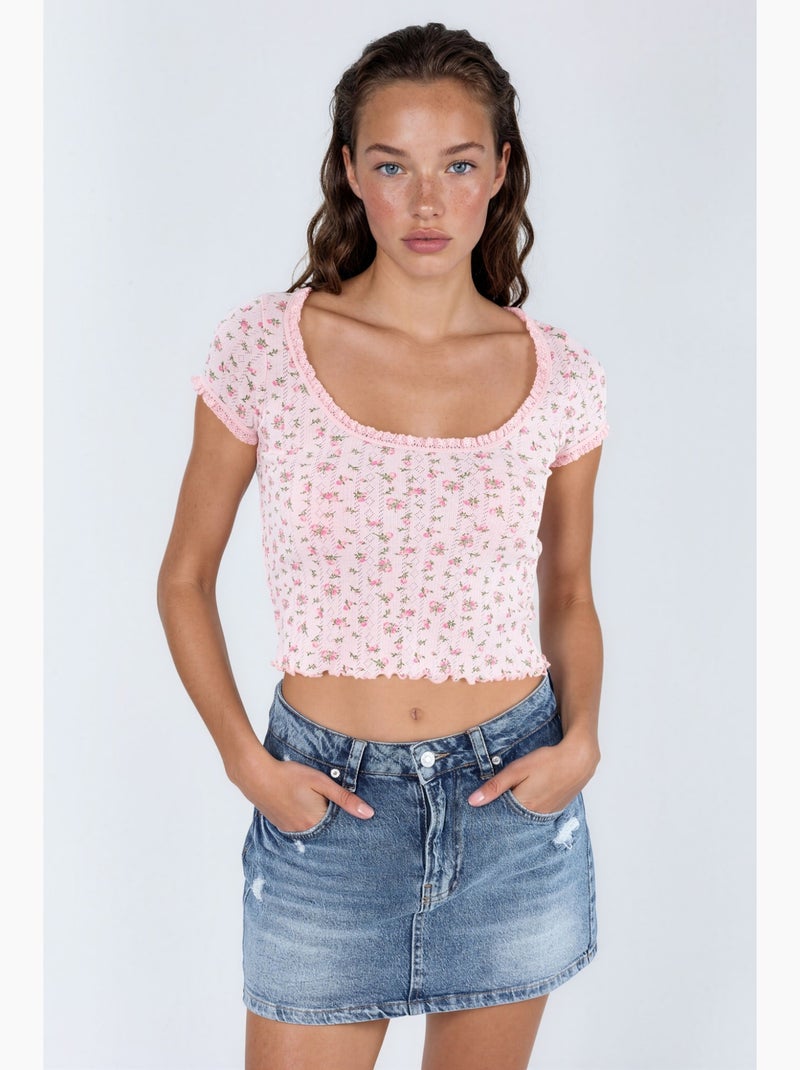 Blusa corta con escote en u floral con volantes busem Rosa viejo - Kiabi