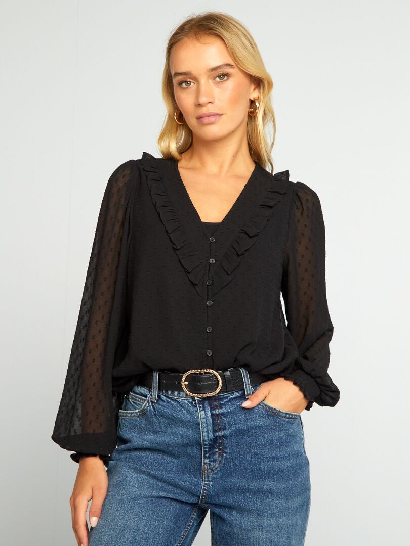 Blusa corta de plumeti negro - Kiabi