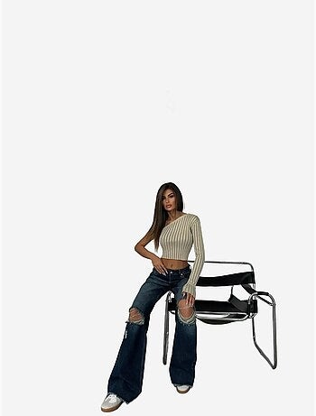 Blusa corta de punto acanalada con un solo hombro a rayas