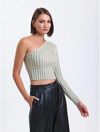 Blusa corta de punto acanalada con un solo hombro a rayas
