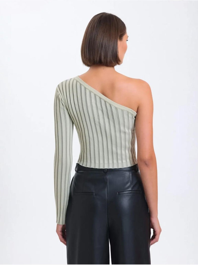 Blusa corta de punto acanalada con un solo hombro a rayas Beige natural - Kiabi