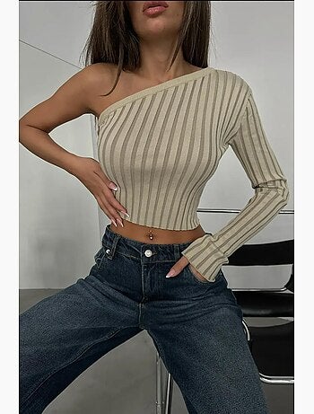 Blusa corta de punto acanalada con un solo hombro a rayas hiccup
