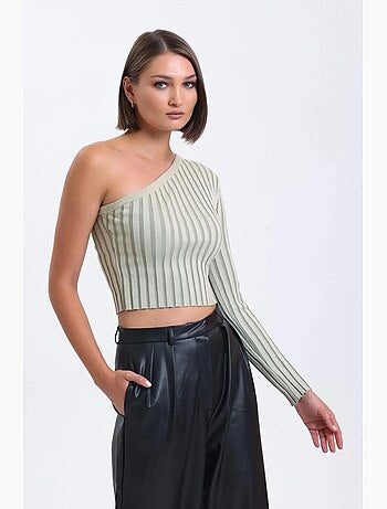 Blusa corta de punto acanalada con un solo hombro a rayas hiccup