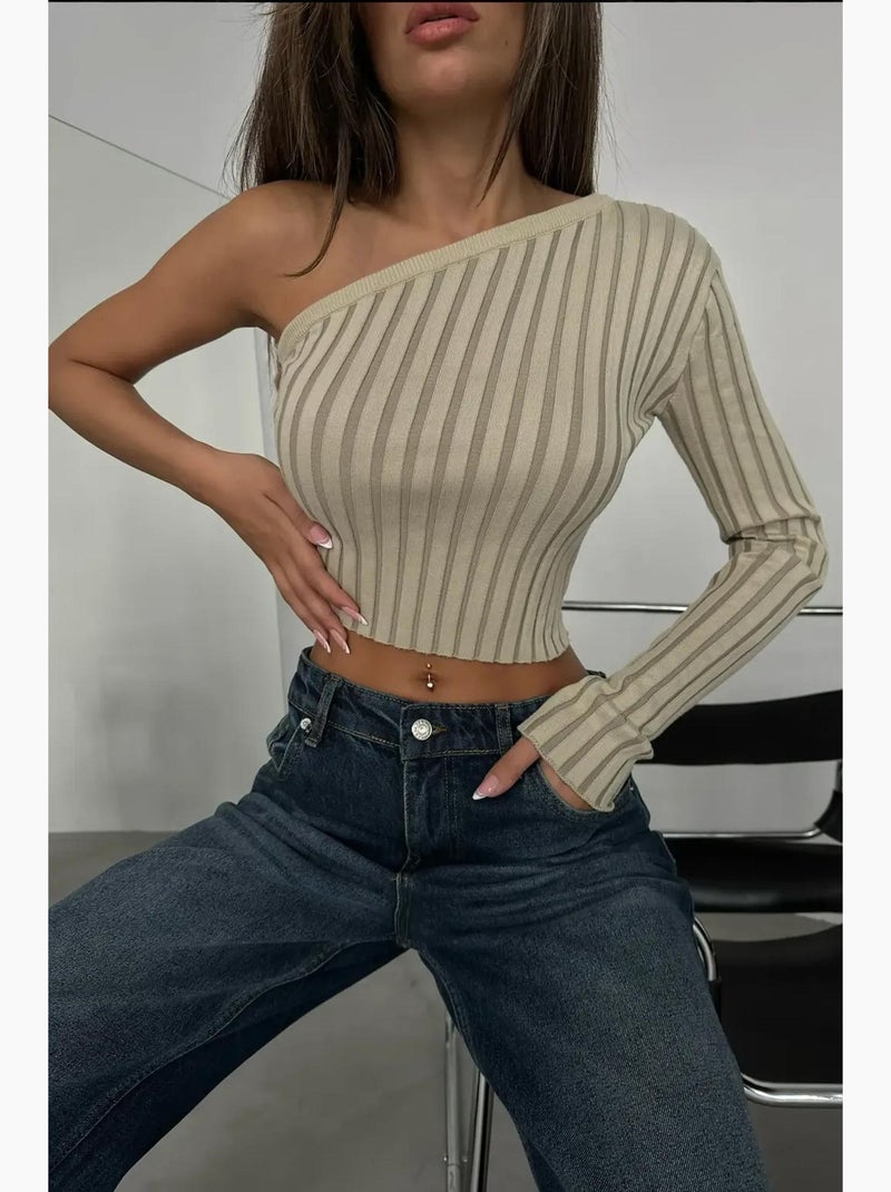 Blusa corta de punto acanalada con un solo hombro a rayas hiccup Beige natural - Kiabi