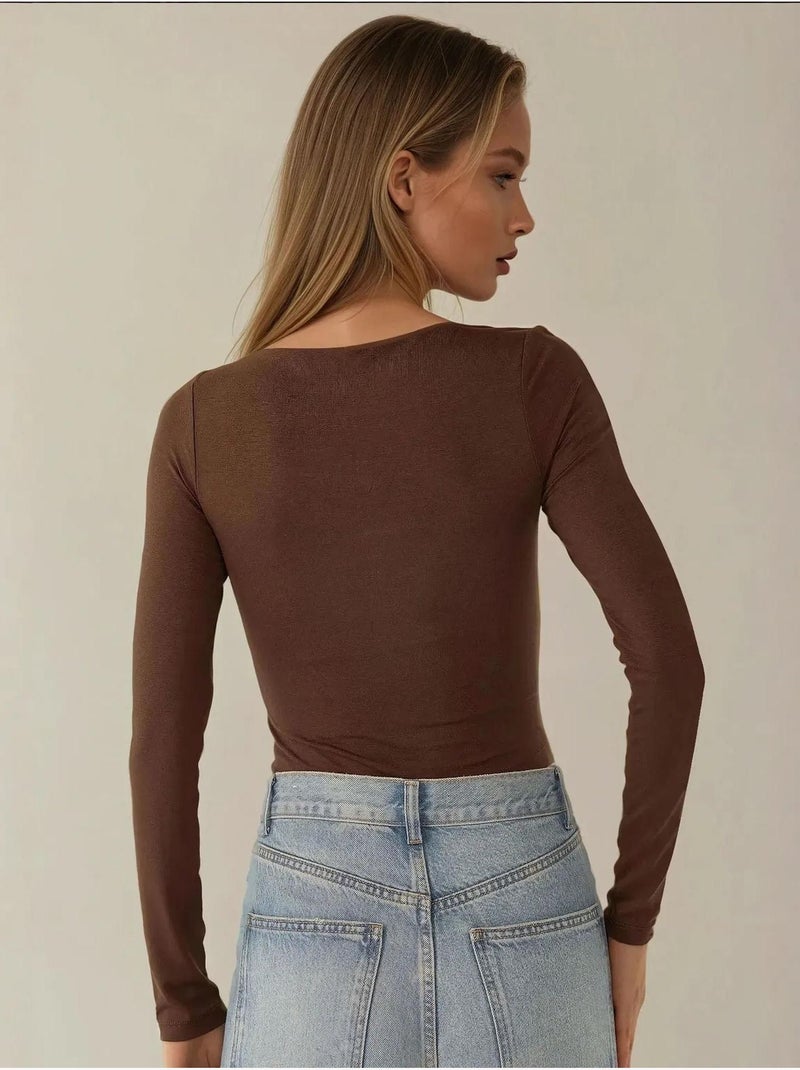 Blusa corta de viscosa con cuello redondo y corte entallado hiccup Marrón - Kiabi