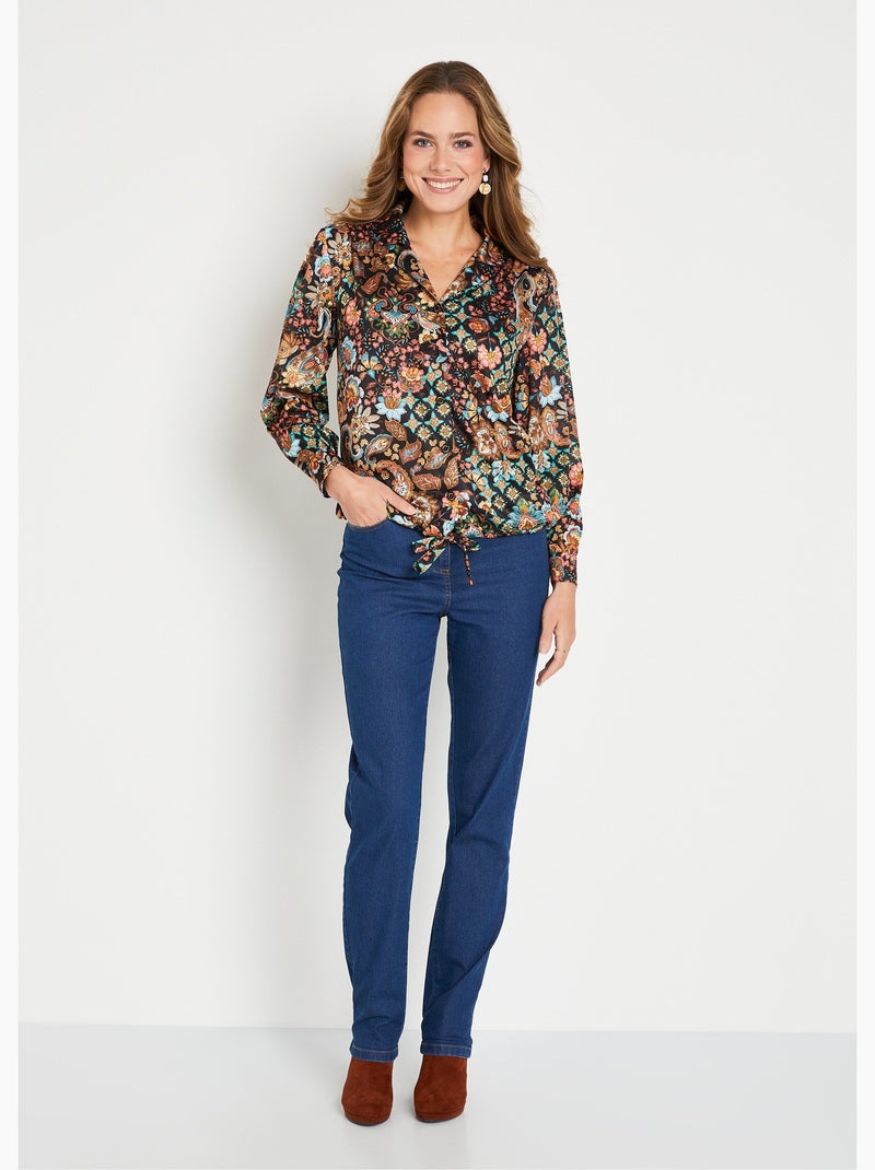 Blusa corta estampada con cuello sastre - Afibel Negro Marrón - Kiabi
