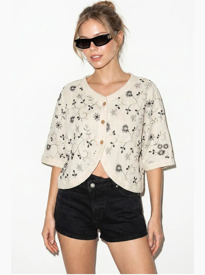 Blusa corta floral escote en v lucci Beige natural - Kiabi
