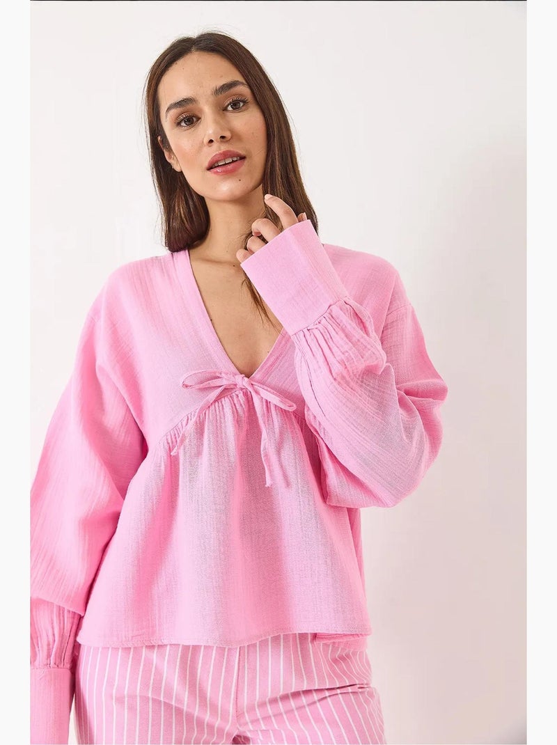 Blusa corta texturizada escote en v con lazo lucci Rosa fluo/Solinotes - Kiabi