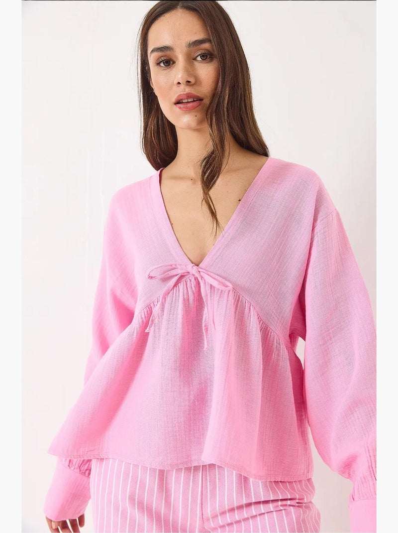 Blusa corta texturizada escote en v con lazo lucci Rosa fluo/Solinotes - Kiabi