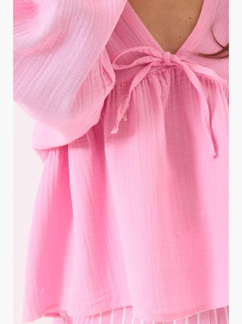 Blusa corta texturizada escote en v con lazo lucci Rosa fluo/Solinotes - Kiabi