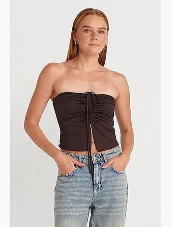 Blusa crop sin tirantes de mujer con detalle de lazada dilvin