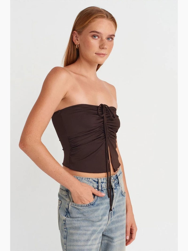 Blusa crop sin tirantes de mujer con detalle de lazada dilvin Marrón chocolate - Kiabi