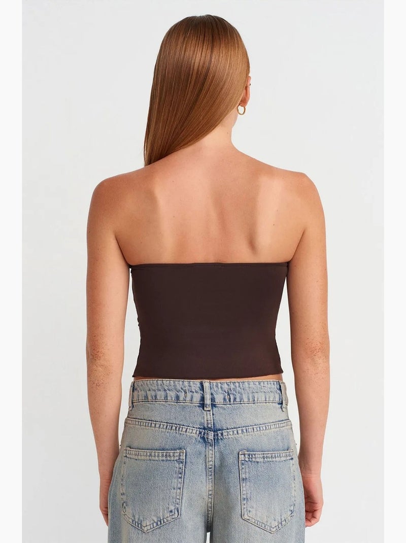 Blusa crop sin tirantes de mujer con detalle de lazada dilvin Marrón chocolate - Kiabi