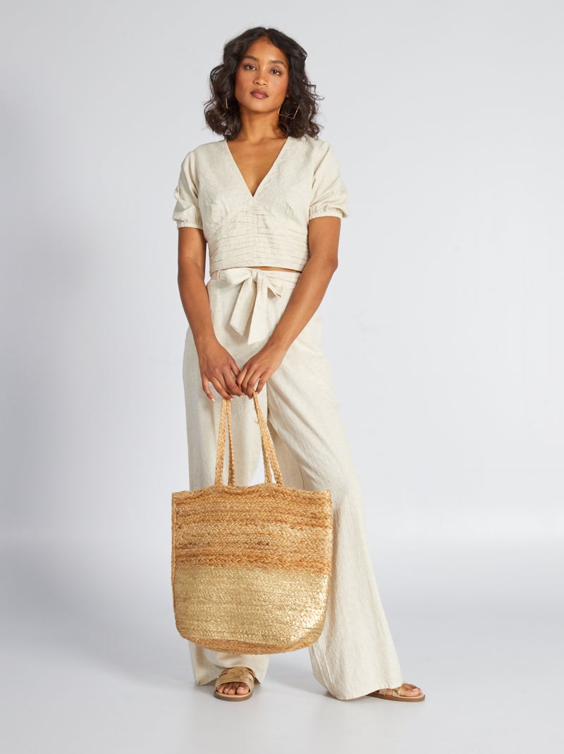 Blusa crop top de lino con escote pronunciado BEIGE - Kiabi