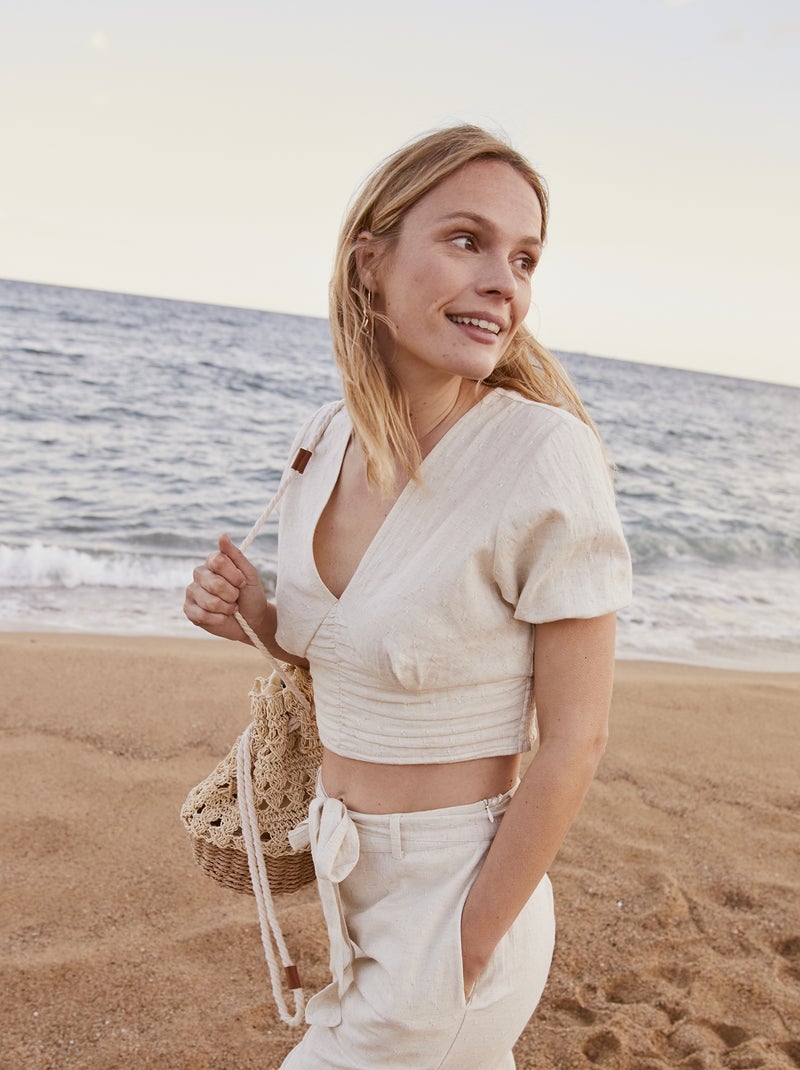 Blusa crop top de lino con escote pronunciado BEIGE - Kiabi