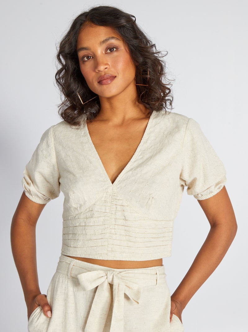 Blusa crop top de lino con escote pronunciado BEIGE - Kiabi