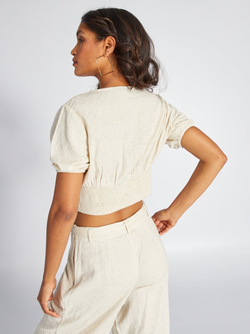 Blusa crop top de lino con escote pronunciado BEIGE - Kiabi