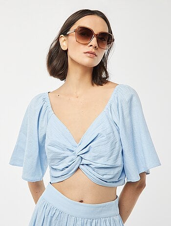 Blusa cropped con lazo de fantasía y manga mariposa