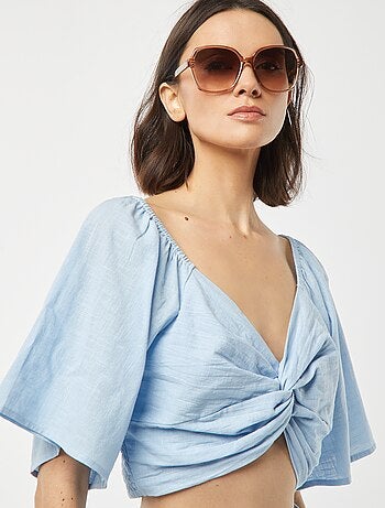 Blusa cropped con lazo de fantasía y manga mariposa