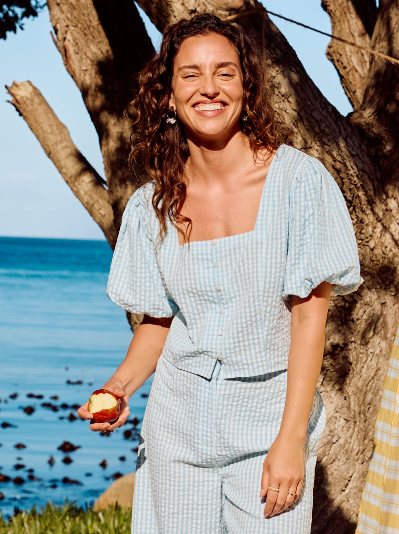Blusa cropped de punto gofrado Azul - Kiabi