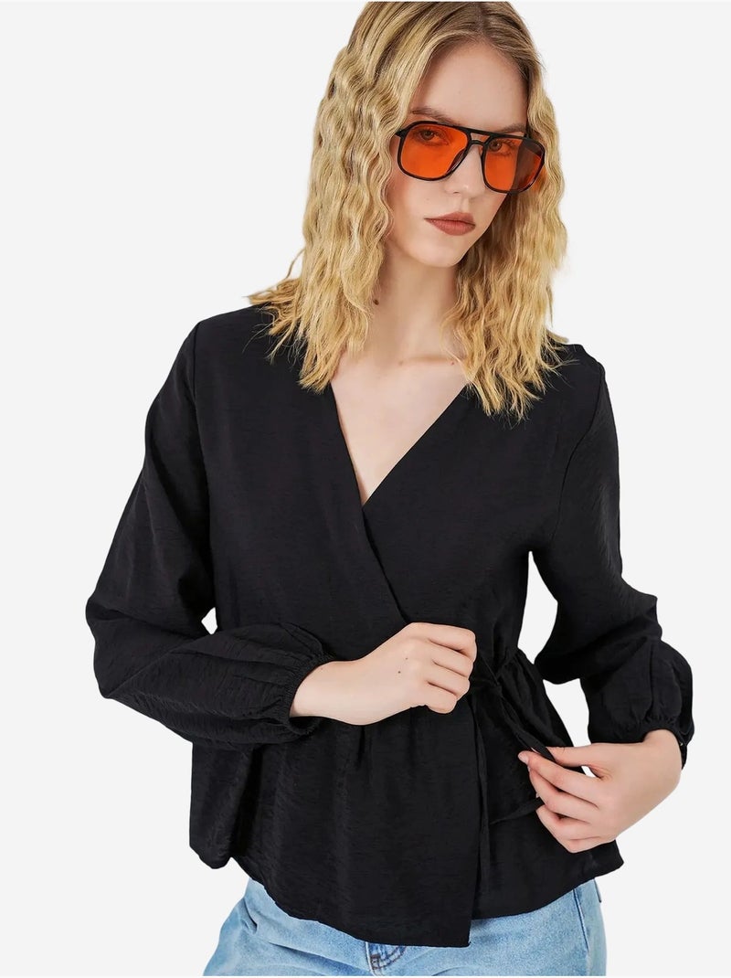 Blusa cruzada de crepé con escote en v y detalle de lazo bdart Negro - Kiabi