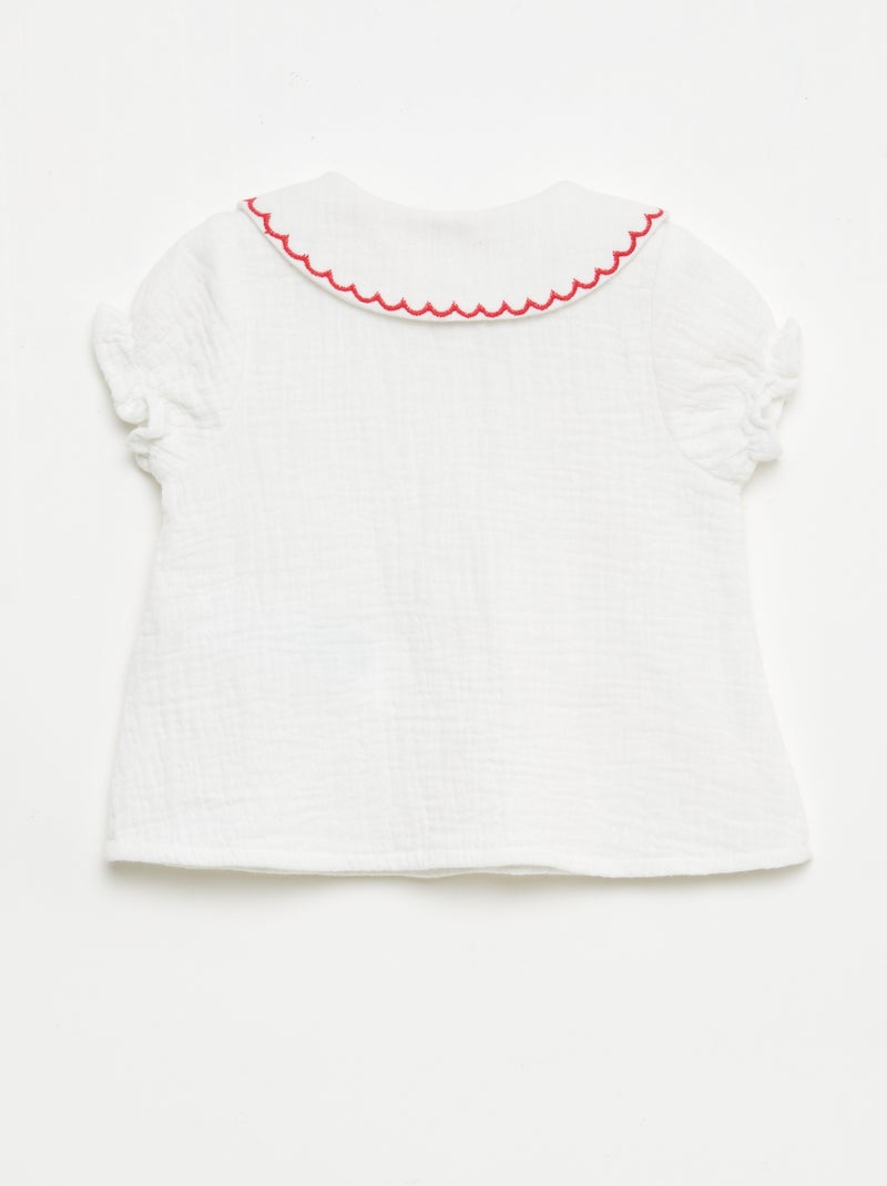 Blusa cuello Claudine y bordados 'corazones' Blanco - Kiabi