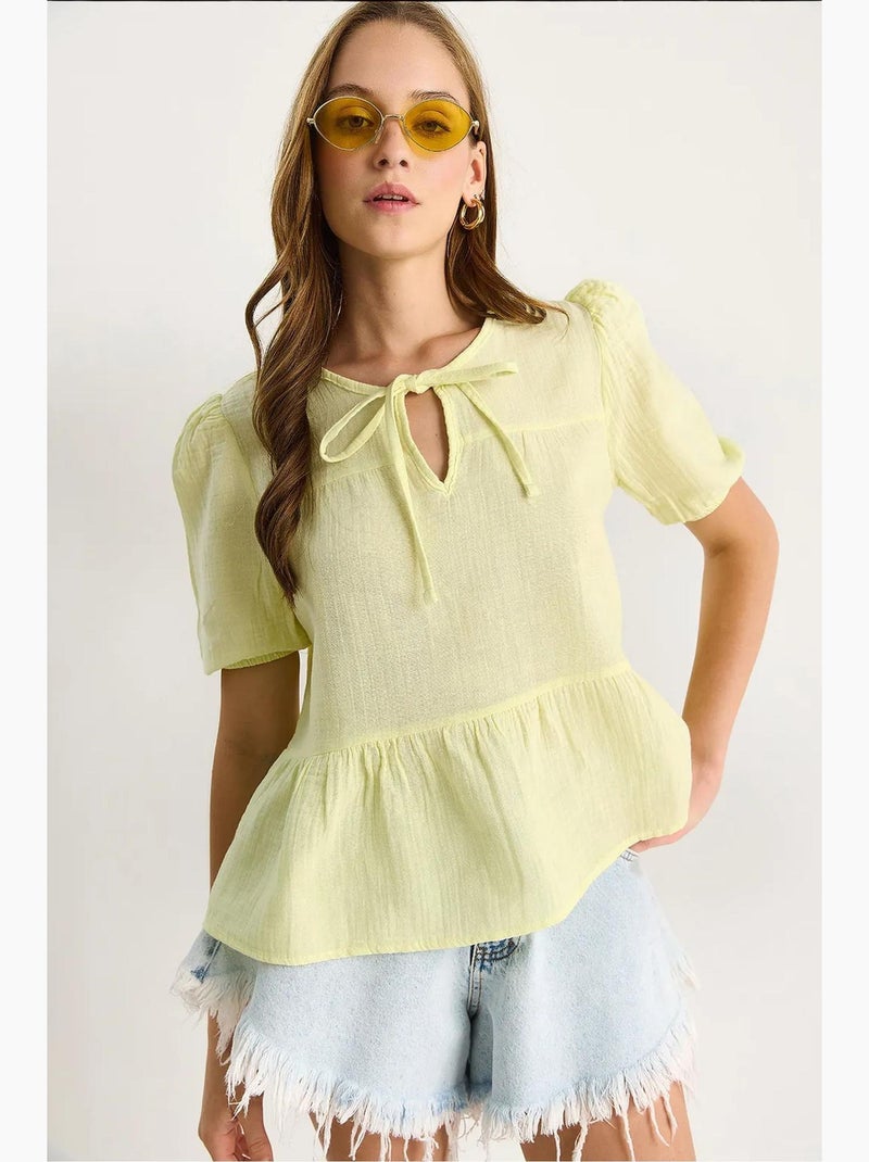 Blusa cuello redondo con detalle de lazo lucci Amarillo limón - Kiabi