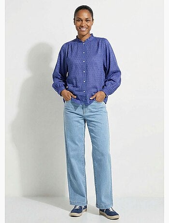 Blusa con cuello con volantes de algodón plumeti a rayas - Afibel
