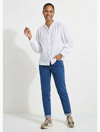 Blusa con cuello con volantes de algodón plumeti a rayas - Afibel
