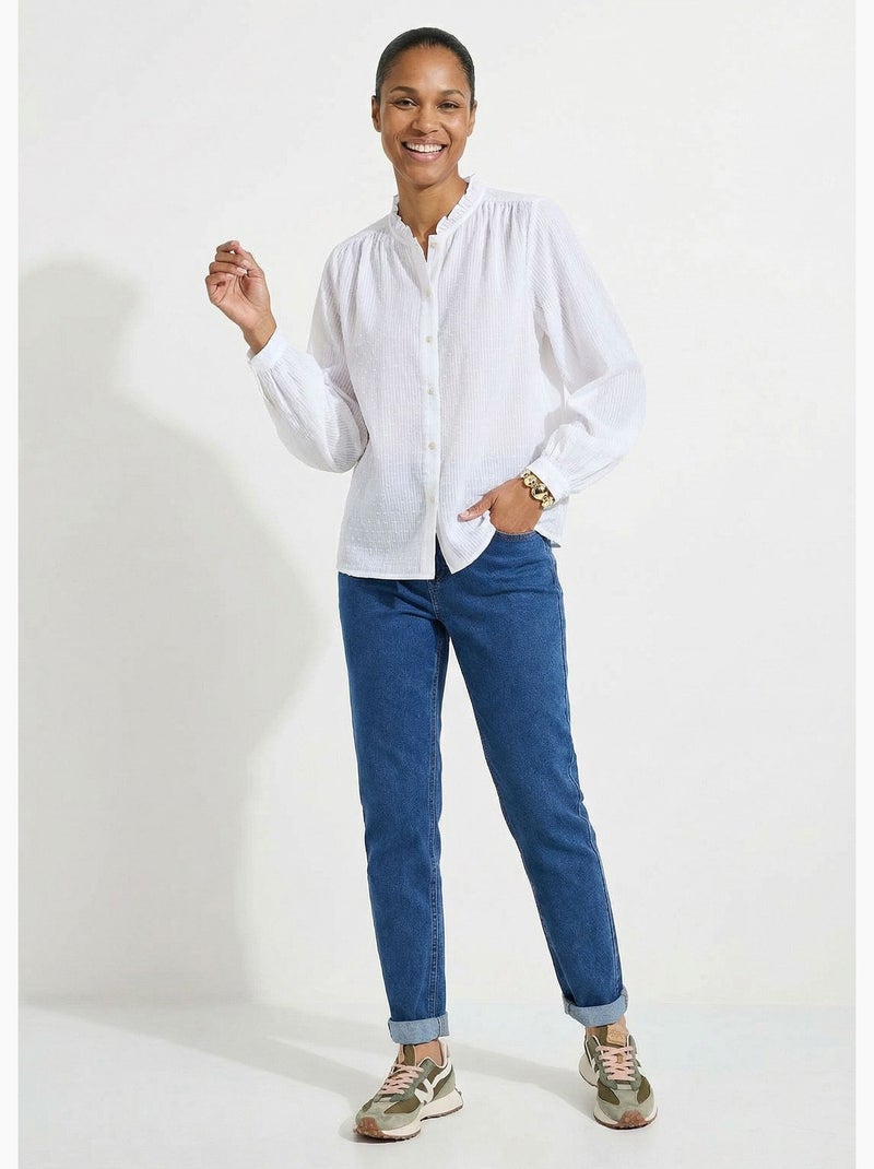 Blusa cuello volante algodón plumeti rayado - Afibel Blanco - Kiabi