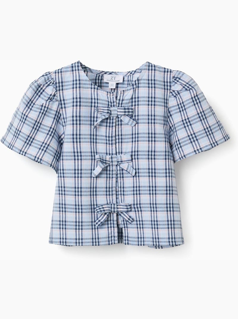 Blusa de algodón a cuadros con lazos decorativos B&S Azul oscuro - Kiabi