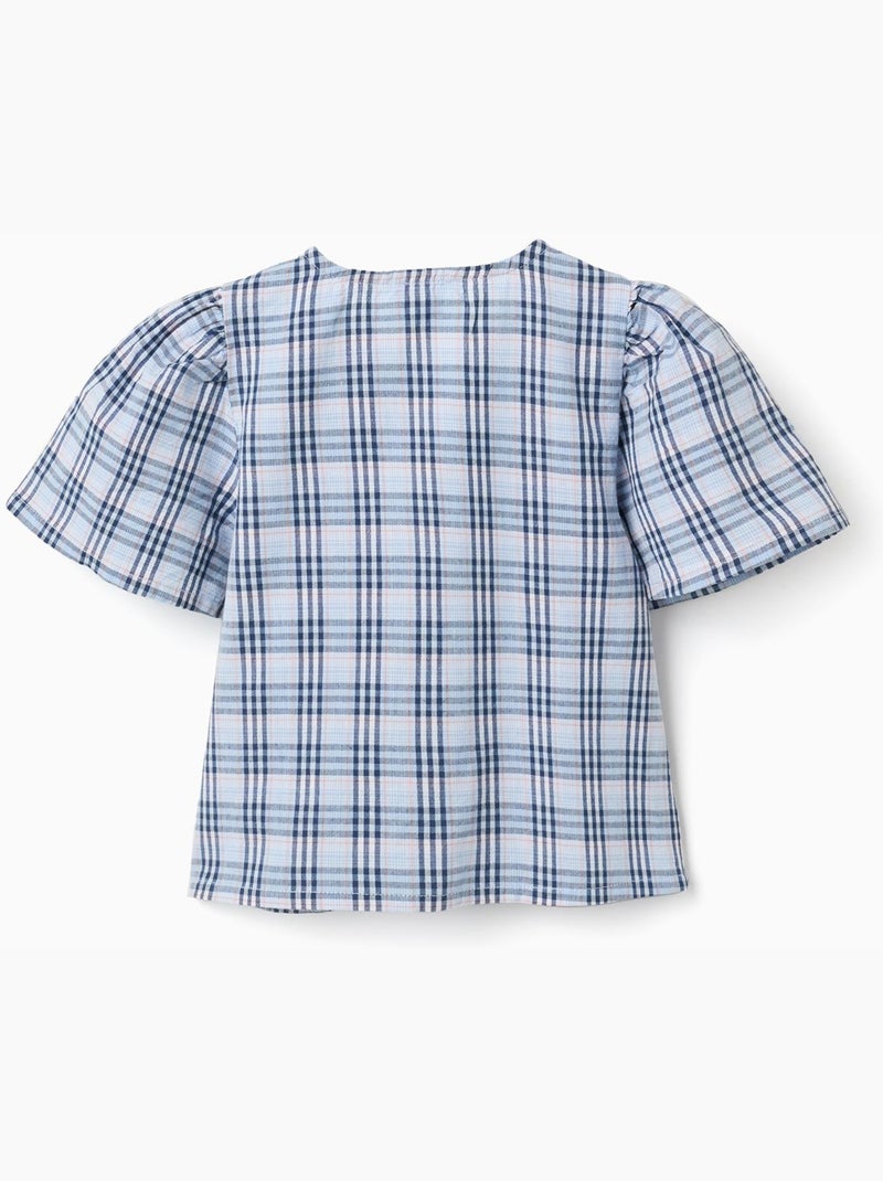 Blusa de algodón a cuadros con lazos decorativos B&S Azul oscuro - Kiabi