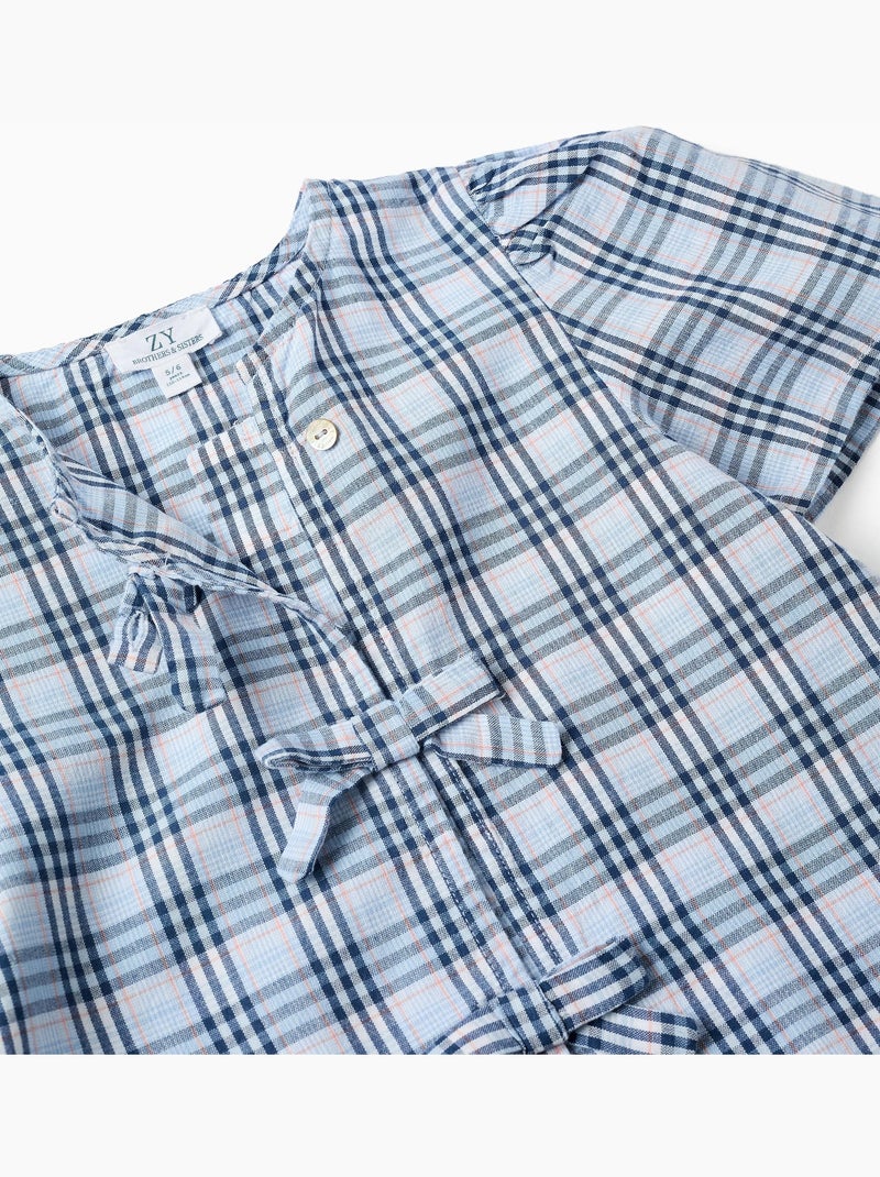 Blusa de algodón a cuadros con lazos decorativos B&S Azul oscuro - Kiabi